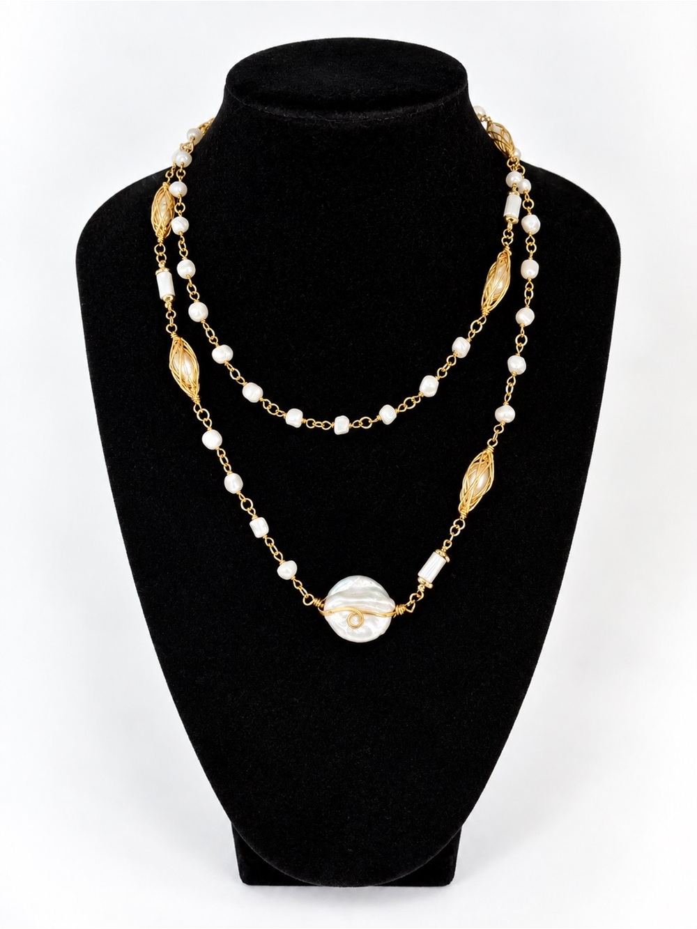 Handmade Long Freshwater Pearl & Gold-Tone Necklace – Baroque Pearl